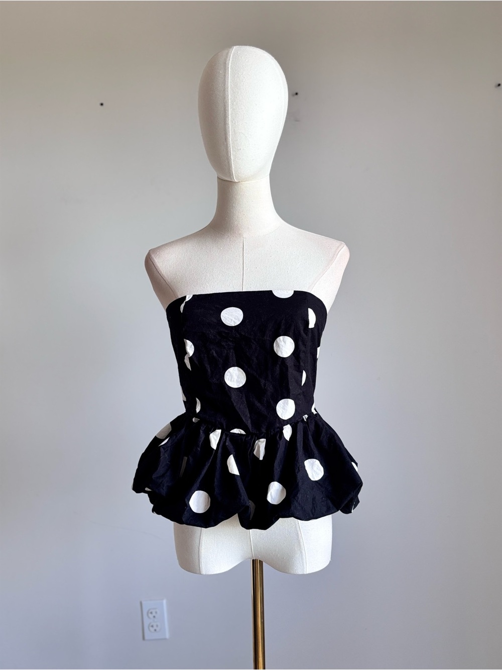 ENCA Black White Polka Dot Strapless Bubble Peplum Tube Top Large